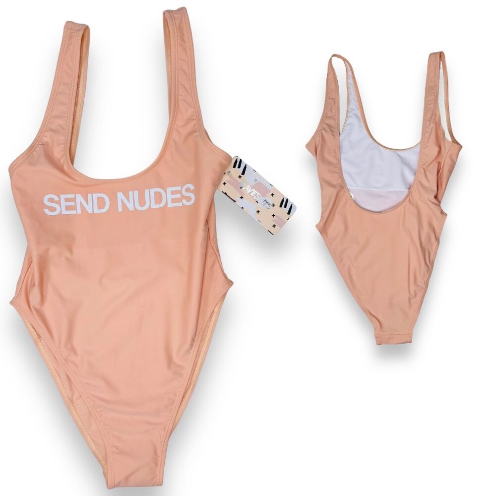 NWT Ravesuits SEND NUDES Womens Nude Low Back Hi Cut One Piece Swimsuit S / M